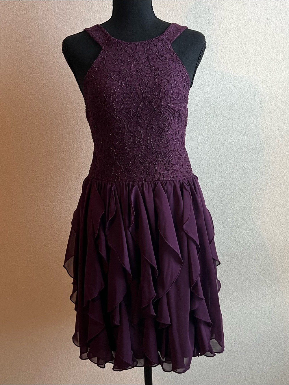 Xtraordinary Jr. 9 Plum Lace layered ruffles Cocktail Dress Homecoming Formal